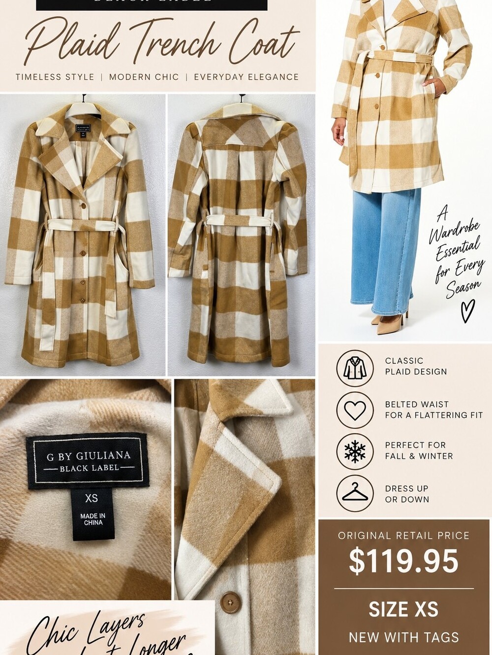 G by Giuliana Plaid Trench Coat — Cream & Tan